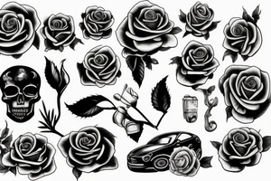 rose and death and a car and mother tattoo idea