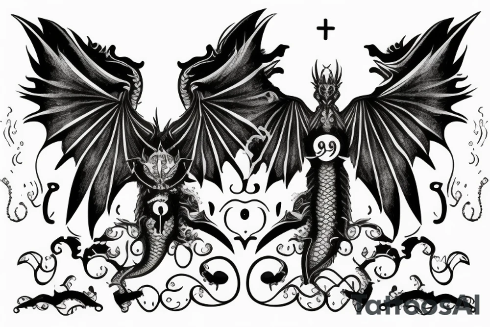 A dragon with angel wings flying up the stairway to heaven with the scales with 999 and they eyes a semicolon tattoo idea