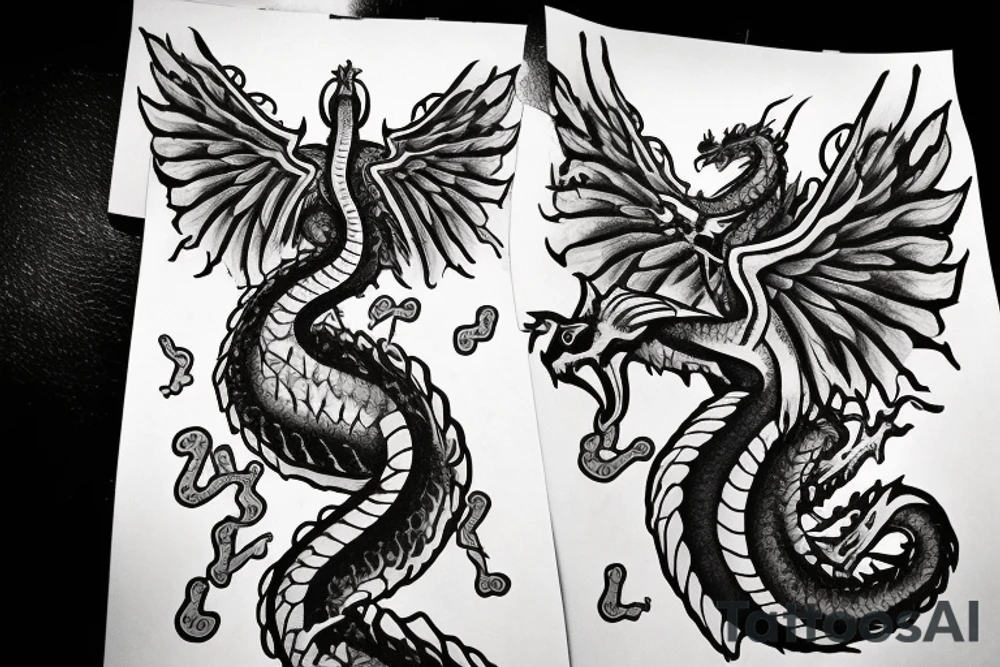 A dragon with angel wings flying up the stairway to heaven with the scales with 999 and they eyes a semicolon tattoo idea