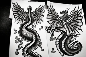 A dragon with angel wings flying up the stairway to heaven with the scales with 999 and they eyes a semicolon tattoo idea
