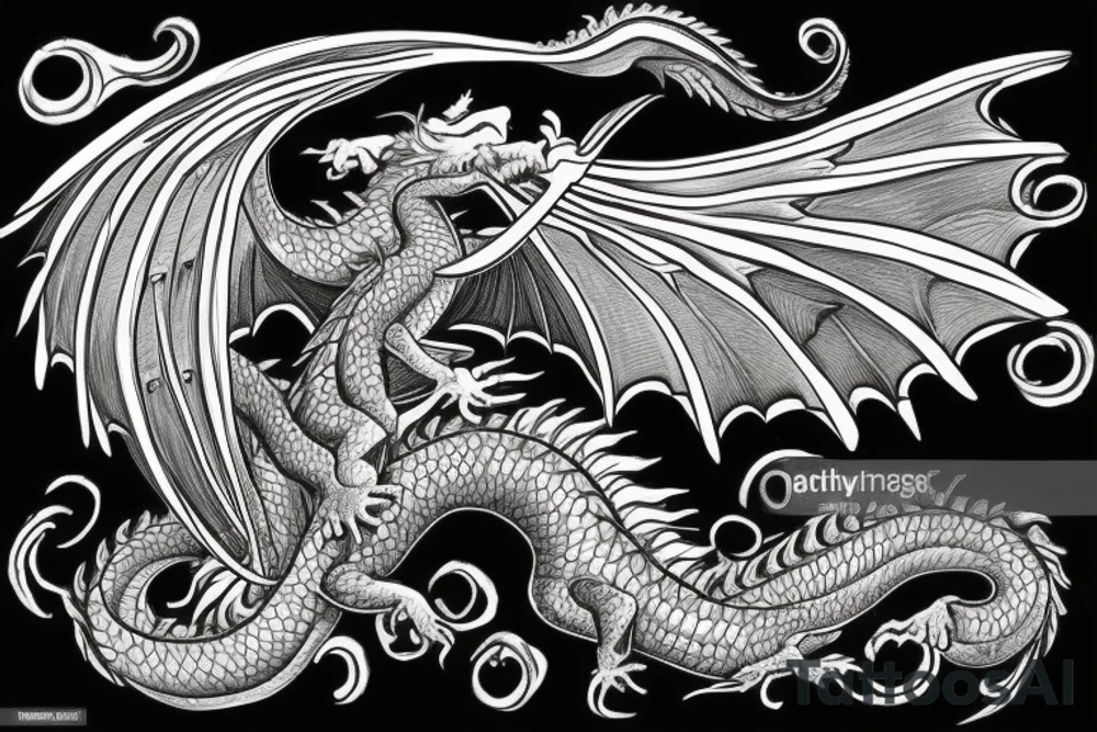A dragon with angel wings flying up the stairway to heaven having scales that say 999 and they eyes a semicolon tattoo idea