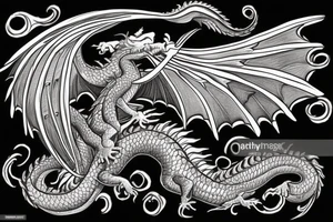 A dragon with angel wings flying up the stairway to heaven having scales that say 999 and they eyes a semicolon tattoo idea