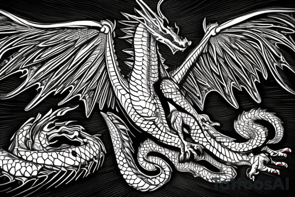 A dragon with angel wings flying up the stairway to heaven having scales that say 999 and they eyes a semicolon tattoo idea