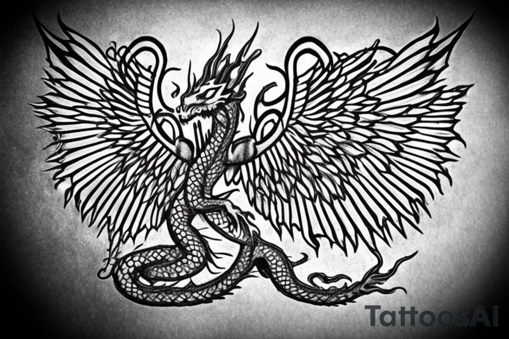 A dragon with angel wings flying up the stairway to heaven having scales that say 999 and they eyes a semicolon tattoo idea