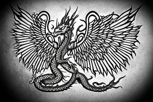 A dragon with angel wings flying up the stairway to heaven having scales that say 999 and they eyes a semicolon tattoo idea