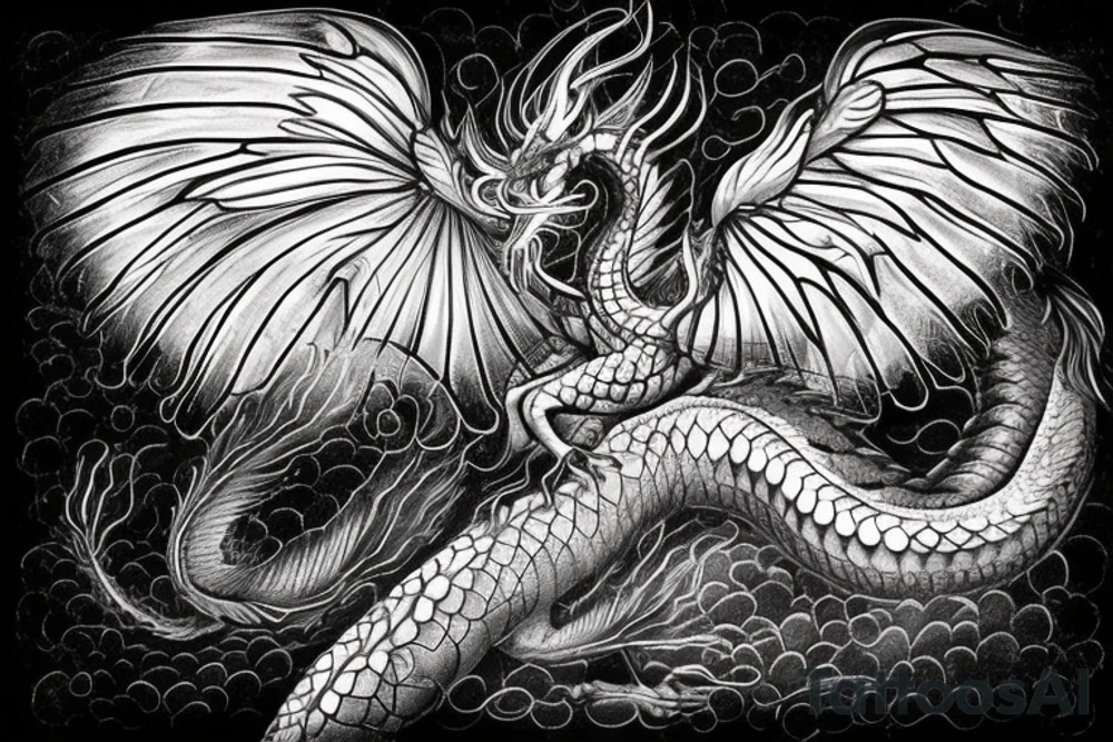 A dragon with angel wings flying up the stairway to heaven having scales that say 999 and they eyes a semicolon tattoo idea
