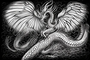 A dragon with angel wings flying up the stairway to heaven having scales that say 999 and they eyes a semicolon tattoo idea