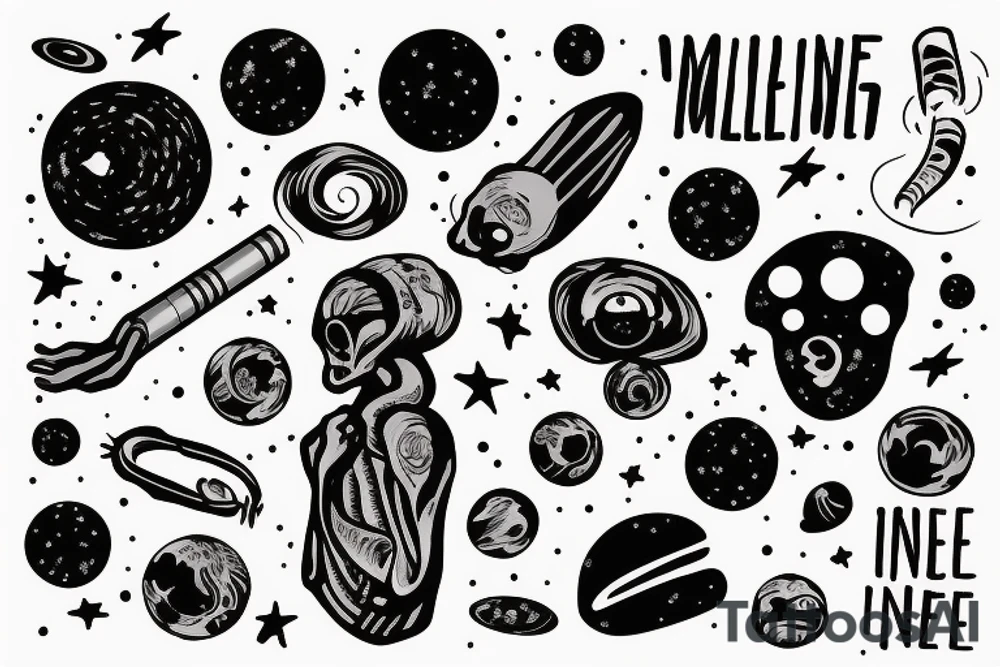 head of alien smoking and the smoke is the universe
also the universe should only be in the smoke tattoo idea