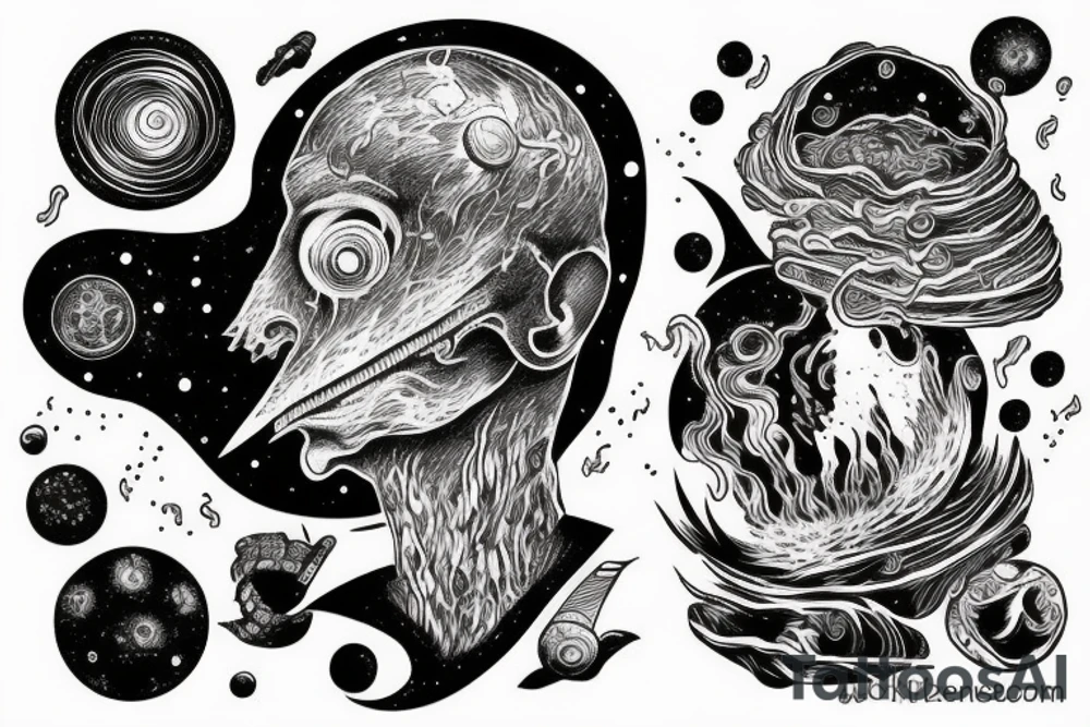 head of alien smoking and the smoke is the universe
also the universe should only be in the smoke tattoo idea