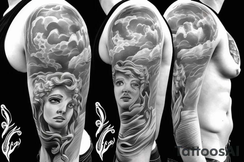 Full back piece with greek god, stormy clouds a ship in rough waters tattoo idea