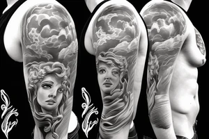 Full back piece with greek god, stormy clouds a ship in rough waters tattoo idea