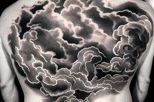 Full back piece with greek god, stormy clouds a ship in rough waters tattoo idea