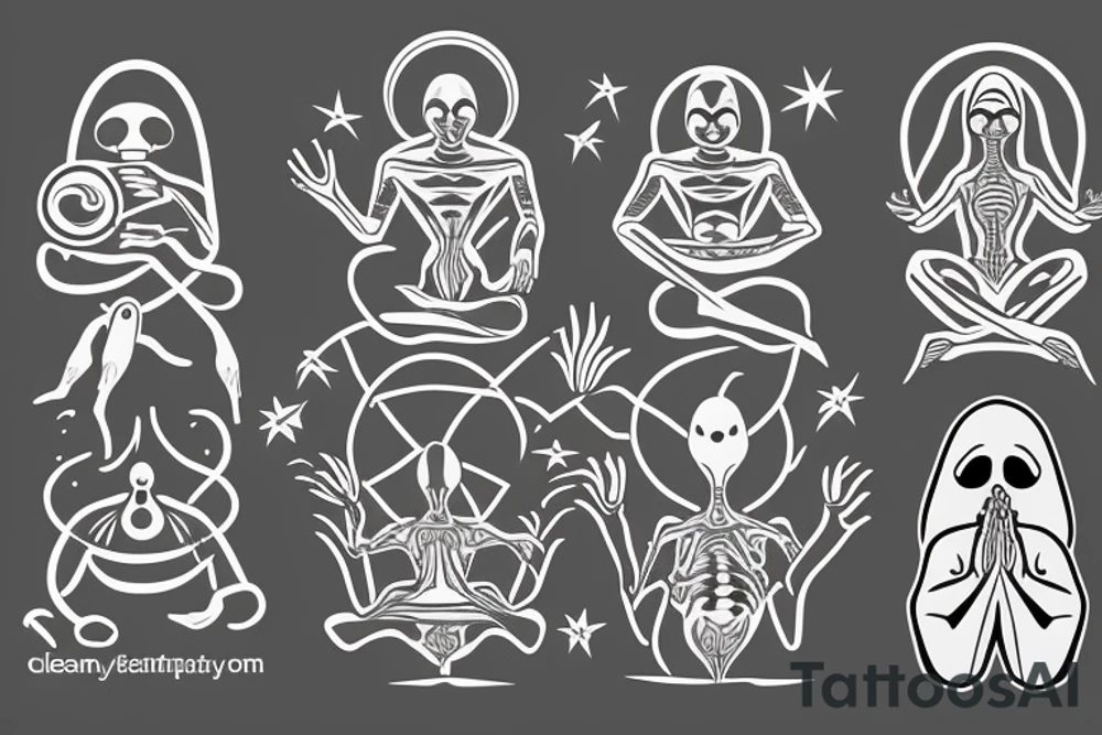 clean alien meditating simple symmetric tattoo idea