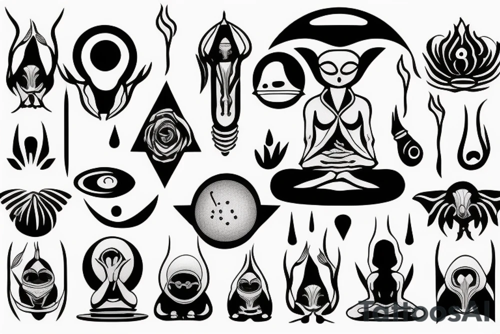 clean alien meditating simple symmetric tattoo idea