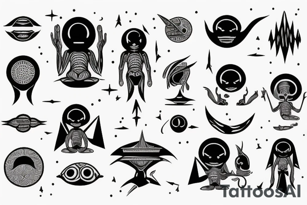 clean alien meditating simple symmetric tattoo idea