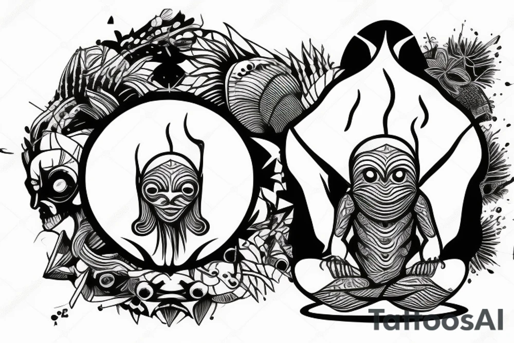 clean alien meditating simple symmetric tattoo idea