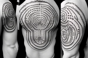 A dot work tattoo on a man’s body depicting: emotional and physical strength gained from hardship, perspicacity from life experiences. tattoo idea