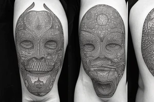 A dot work tattoo on a man’s body depicting: emotional and physical strength gained from hardship, perspicacity from life experiences. Make it incredibly intricate and detailed tattoo idea