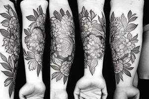 fine line woman and growing flowers tattoo idea