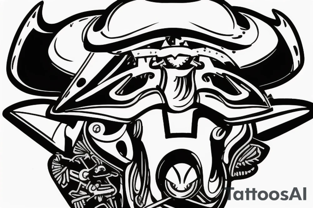 A motorcyclist wearing a helmet similar to the head of a bull tattoo idea