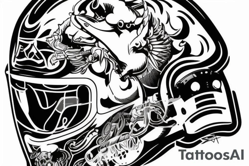 A motorcyclist wearing a helmet similar to the head of a bull tattoo idea