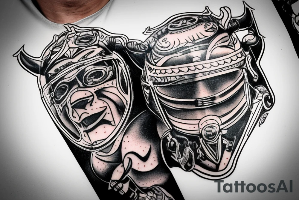 A motorcyclist wearing a helmet similar to the head of a bull tattoo idea