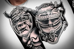 A motorcyclist wearing a helmet similar to the head of a bull tattoo idea