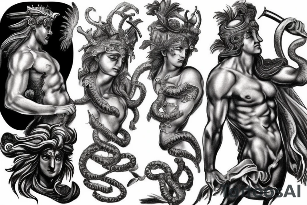 Greek gods in battle. Include Medusa, hades, Zeus, Poseidon, pegasus. tattoo idea