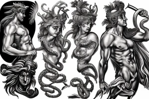 Greek gods in battle. Include Medusa, hades, Zeus, Poseidon, pegasus. tattoo idea