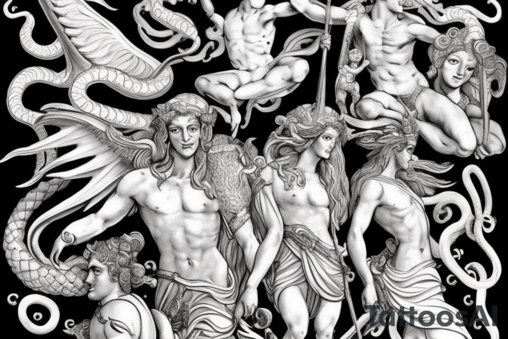 Greek gods in battle. Include Medusa, hades, Zeus, Poseidon, pegasus. tattoo idea
