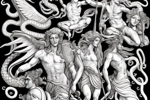 Greek gods in battle. Include Medusa, hades, Zeus, Poseidon, pegasus. tattoo idea