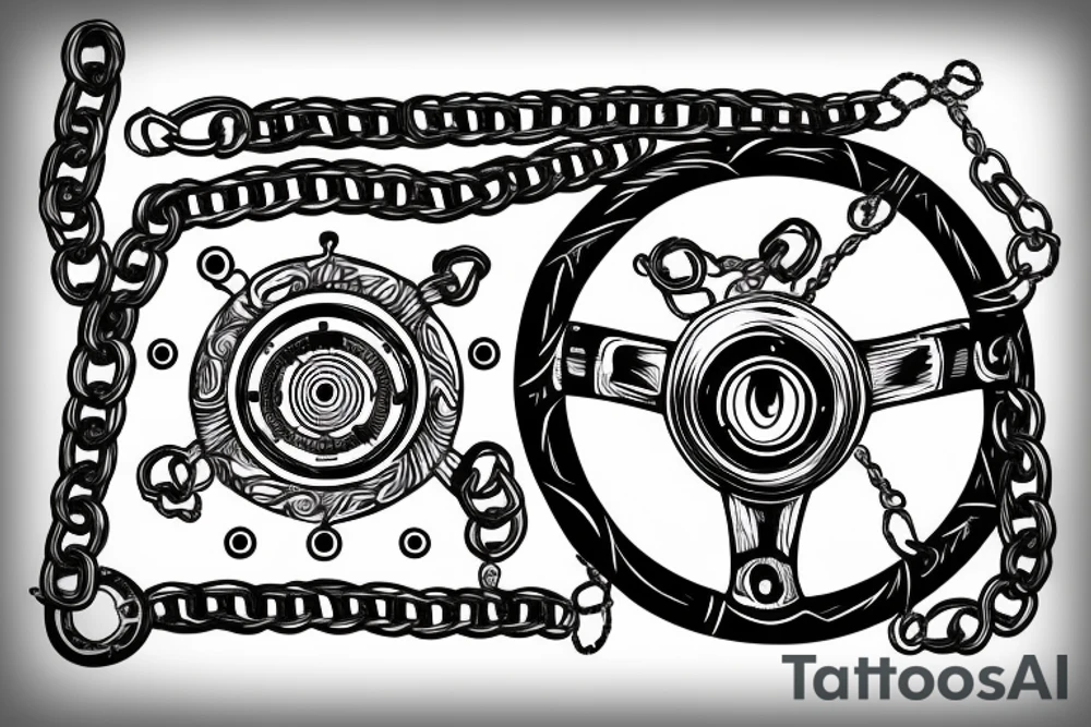 Nautical steering wheel wrapped in chains with an eye in the middle tattoo idea
