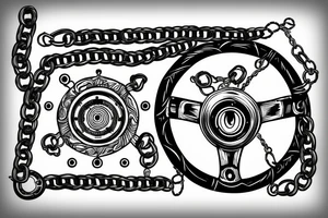 Nautical steering wheel wrapped in chains with an eye in the middle tattoo idea