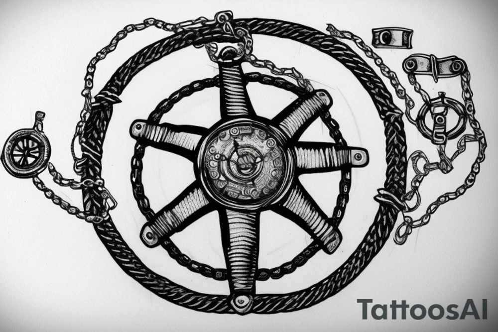Nautical steering wheel wrapped in chains with an eye in the middle tattoo idea