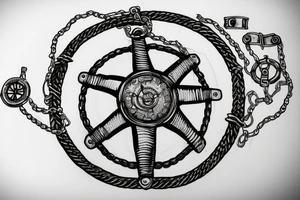 Nautical steering wheel wrapped in chains with an eye in the middle tattoo idea