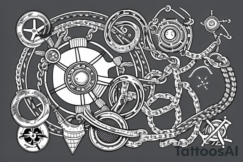 Nautical steering wheel wrapped in chains with an eye in the middle tattoo idea