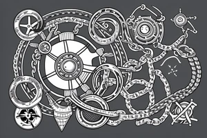 Nautical steering wheel wrapped in chains with an eye in the middle tattoo idea