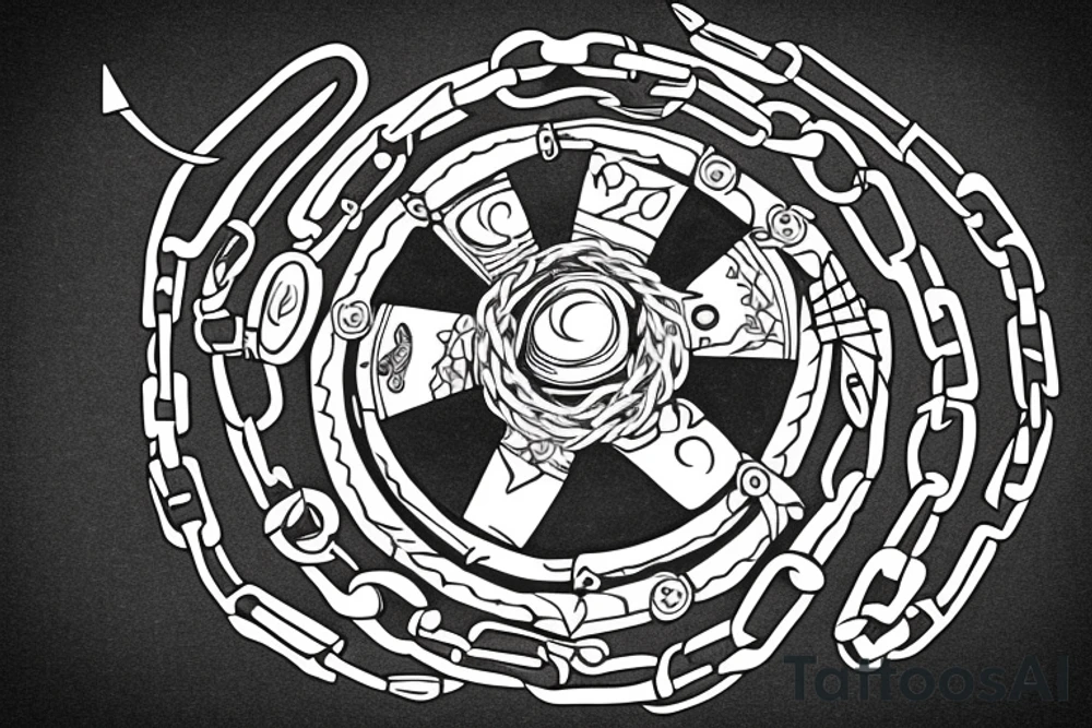 Nautical steering wheel wrapped in chains with an eye in the middle tattoo idea