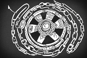 Nautical steering wheel wrapped in chains with an eye in the middle tattoo idea
