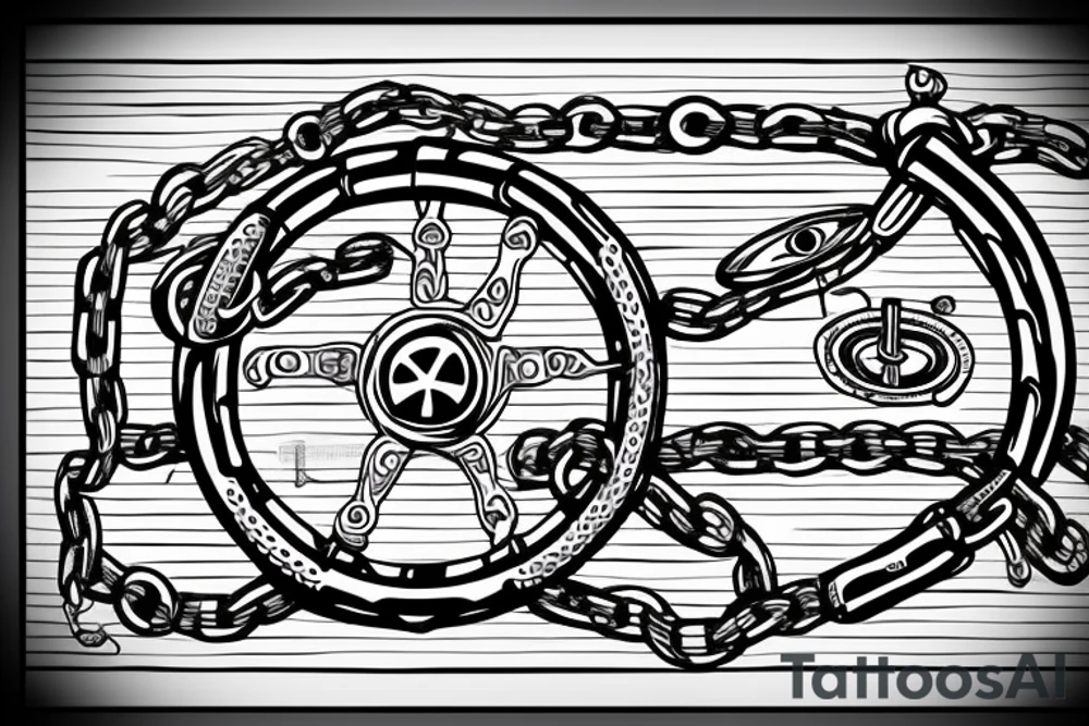 Nautical steering wheel wrapped in chains with an eye in the middle tattoo idea