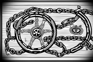 Nautical steering wheel wrapped in chains with an eye in the middle tattoo idea