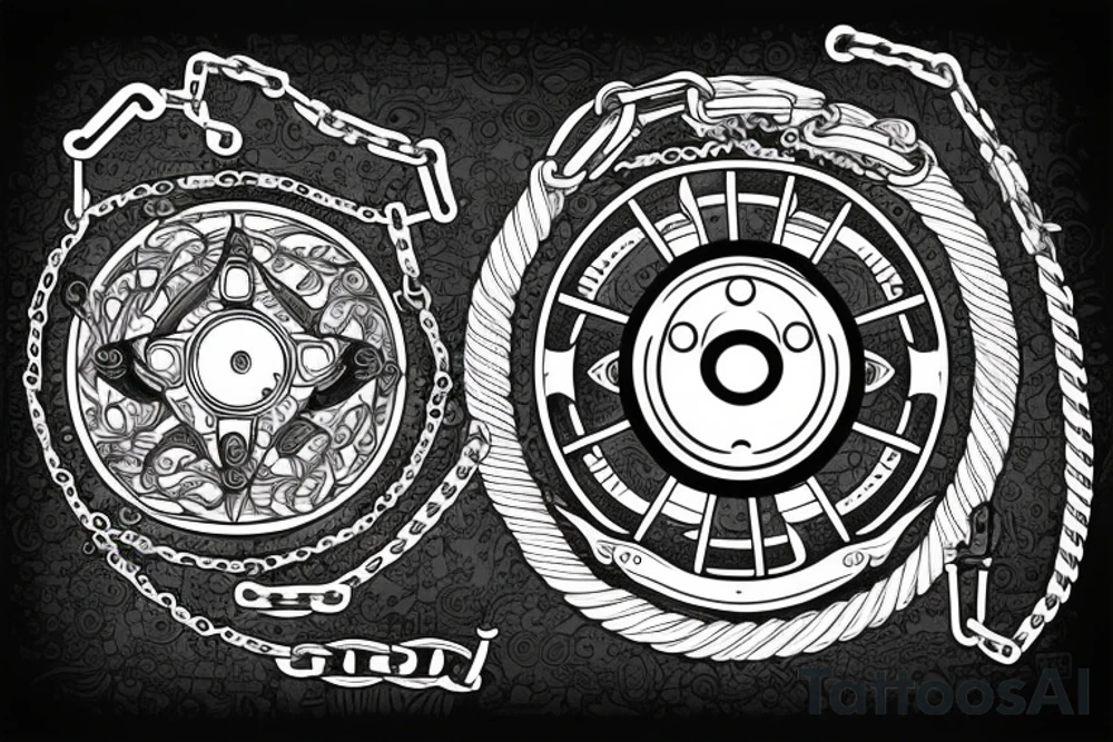 Nautical steering wheel wrapped in chains with an eye in the middle tattoo idea