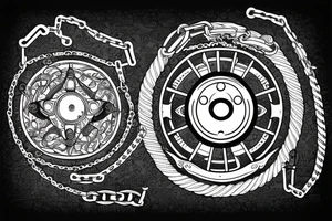 Nautical steering wheel wrapped in chains with an eye in the middle tattoo idea