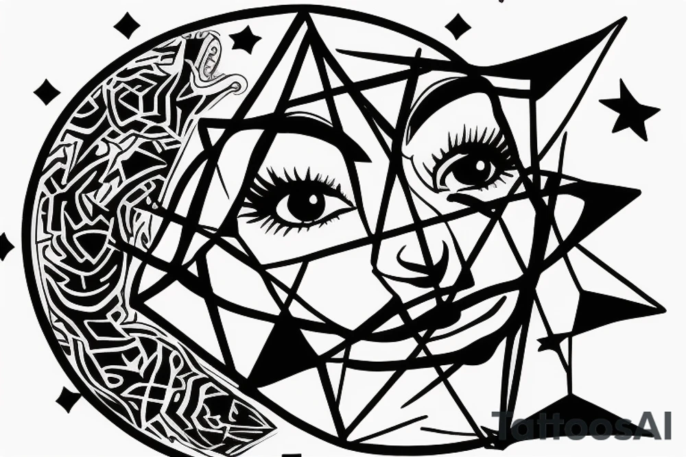 Liones's eye next to Leo star sign, a silhouette of a little girl holding a balloon looking at the star sign tattoo idea