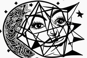 Liones's eye next to Leo star sign, a silhouette of a little girl holding a balloon looking at the star sign tattoo idea
