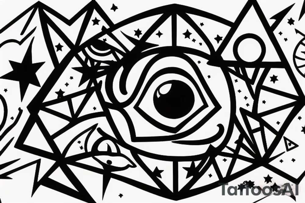 Liones's eye next to Leo star sign, a silhouette of a little girl holding a balloon looking at the star sign tattoo idea