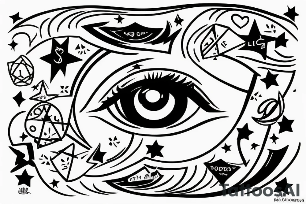 Liones's eye next to Leo star sign, a silhouette of little girl holding a ballon tattoo idea