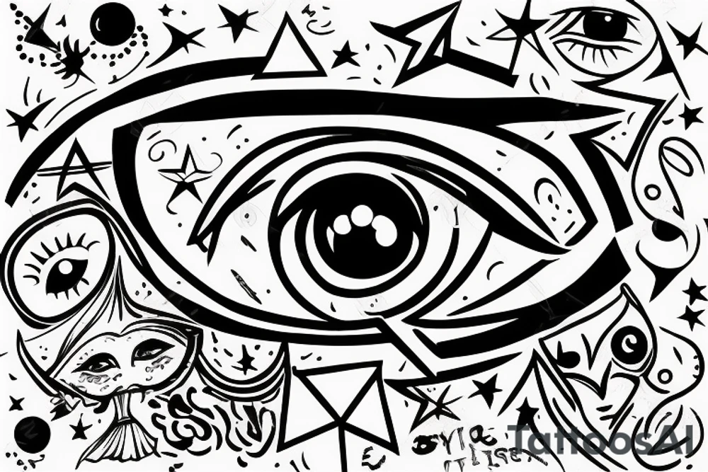Liones's eye next to Leo star sign, a silhouette of little girl holding a ballon tattoo idea
