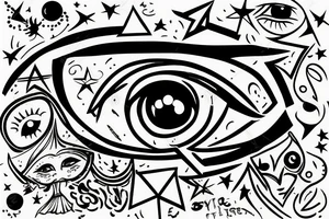 Liones's eye next to Leo star sign, a silhouette of little girl holding a ballon tattoo idea