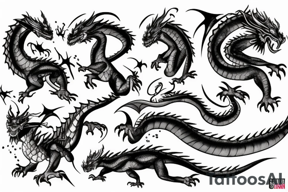 dragon kickboxing in a blistering storm of swords tattoo idea